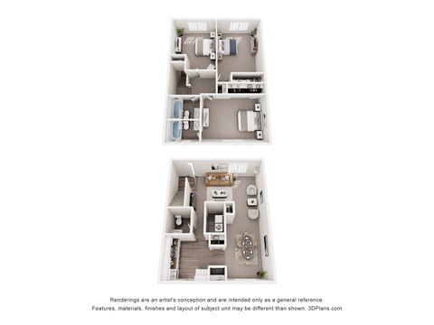 A floor plan of a two-bedroom apartment with a kitchen and living room.